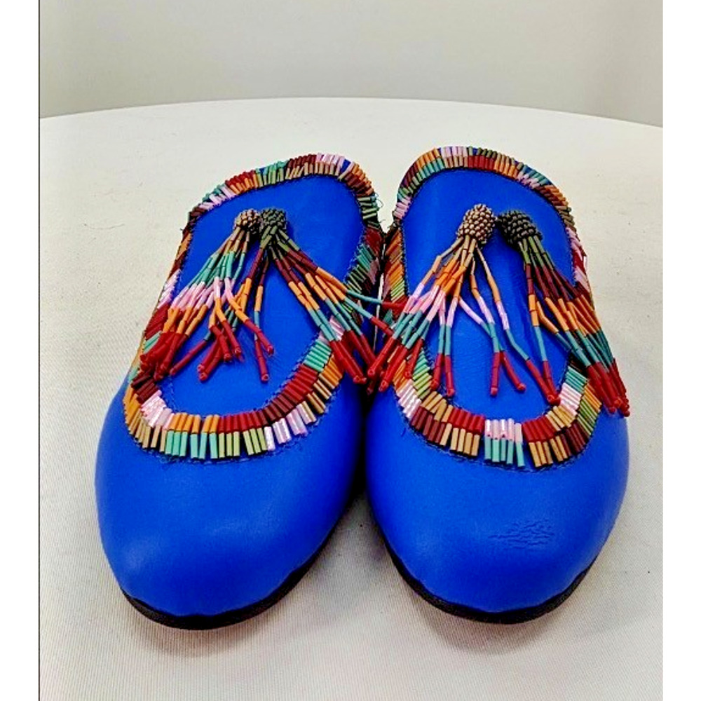 New! Farm Rio Women's Colorful Beaded EmbroideredTassel Blue Mule Shoes 7M